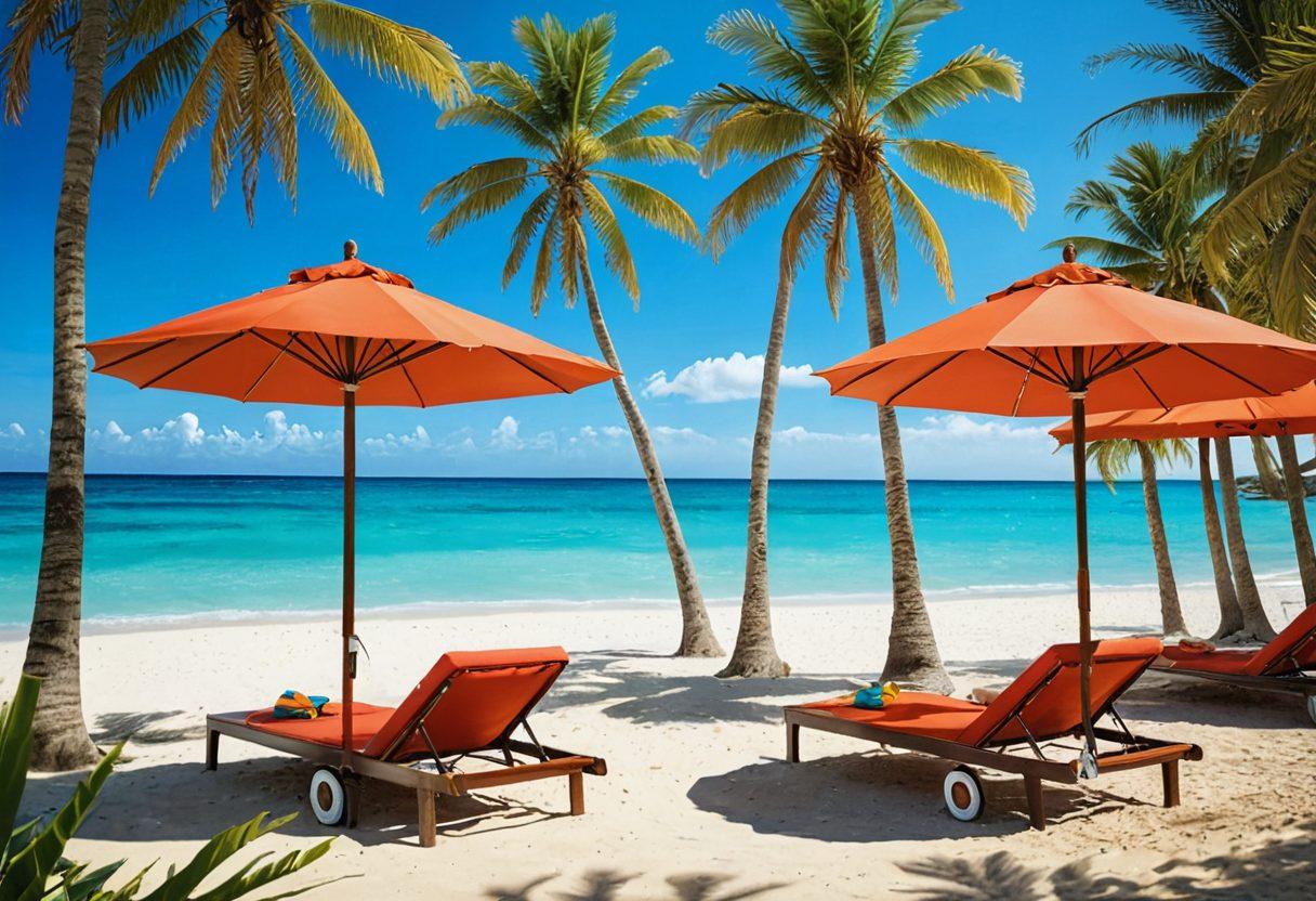 A stunning tropical beach scene with a group of diverse individuals wearing vibrant swimwear, lounging under colorful umbrellas. Include palm trees swaying in the breeze, crystal-clear turquoise water, and beach towels laid out with stylish accessories. The atmosphere feels lively and relaxing, showcasing the essence of a resort-style vacation. super-realistic. vibrant colors. soft focus.